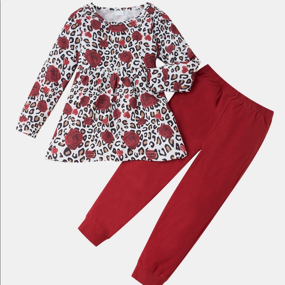 NWOT Girls Floral Dress and Pant Set. Size: 4-5T Color:Red